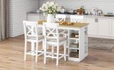 TOPMAX 60"Lx30"W Solid Wood Farmhouse Counter Height Dining Table Set with 3-Tier Storage Shelves, Upholstered Dining Chairs for 4, 5-Piece, White